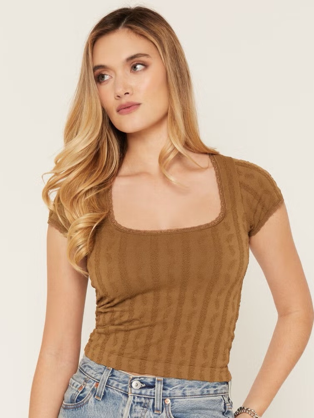 Textured Scoop Neck Short Sleeve Top - Olive Green